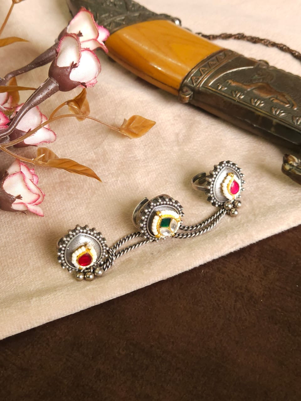 Three finger Kundan Fusion Ring