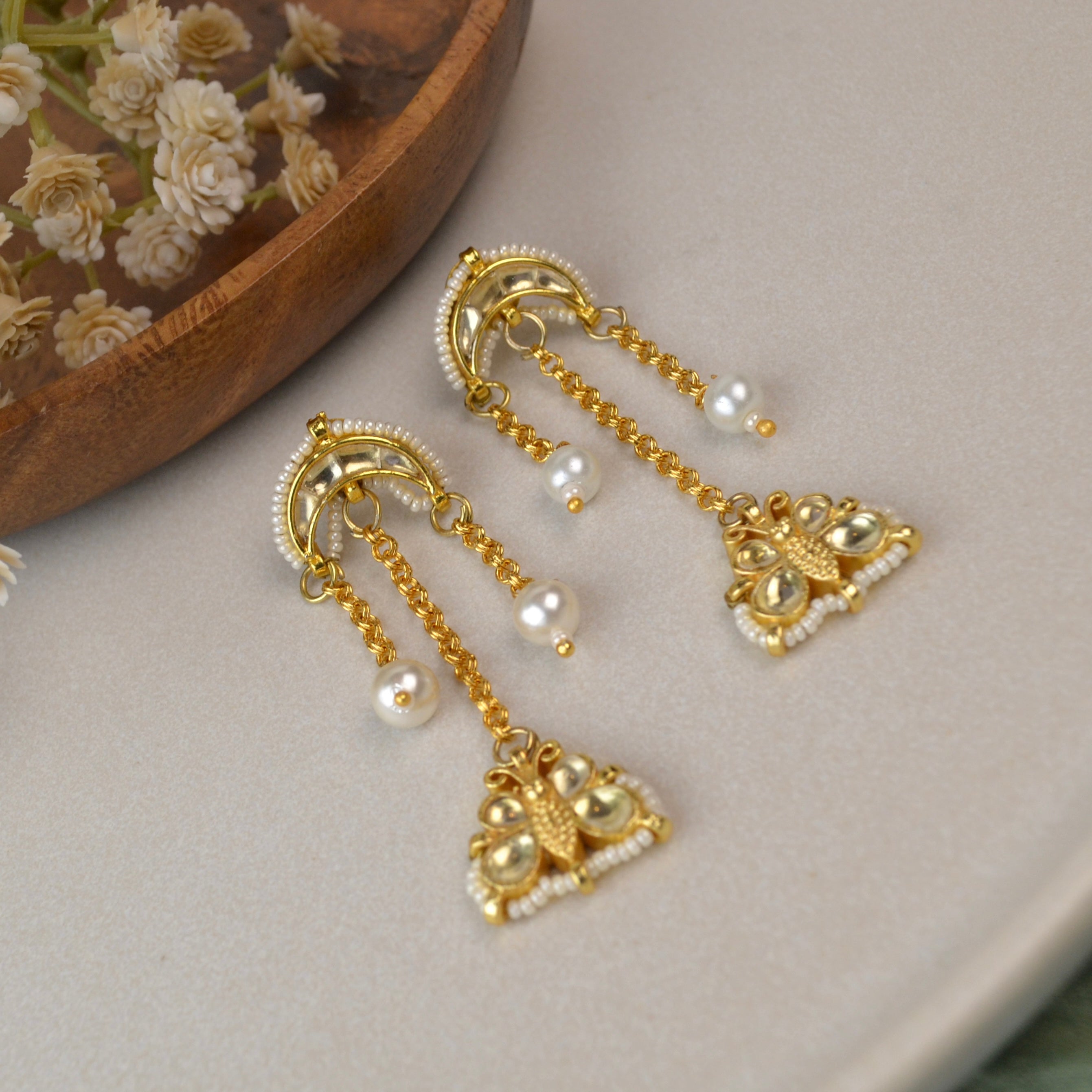 VAKJ009-Butterfly Kundan Dangler Earrings with Pearl