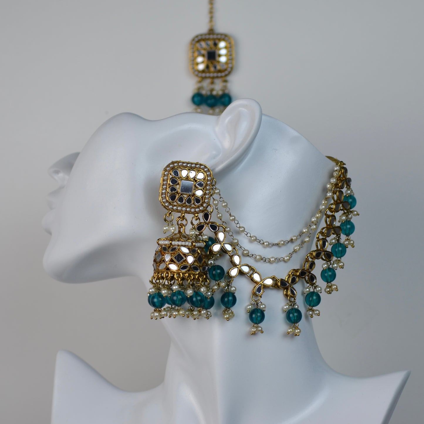 VARJ005-Mirror Jhumka and Mangtika set with sahara