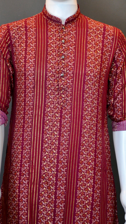 VMK002- Maroon Rayon Cotton Printed Kurta with Pants - Vaanika Designs