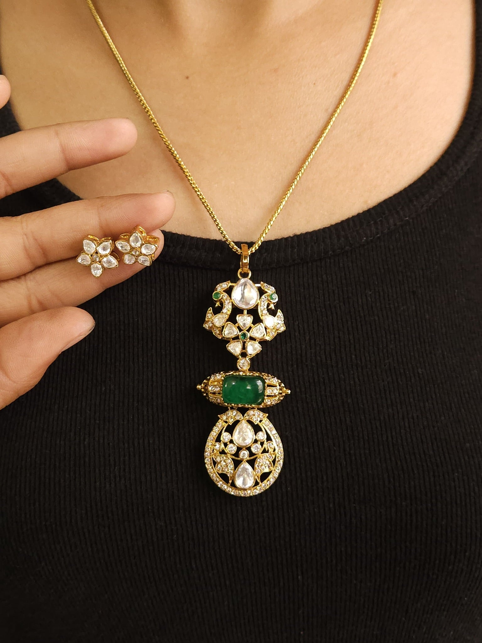 Premium polki doublet stone pendant set with earrings