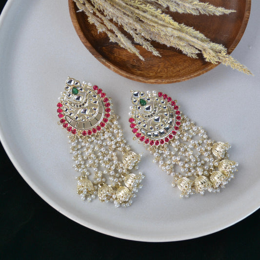 VARJ010-Kundan oversized Earrings with Jhumki Danglers