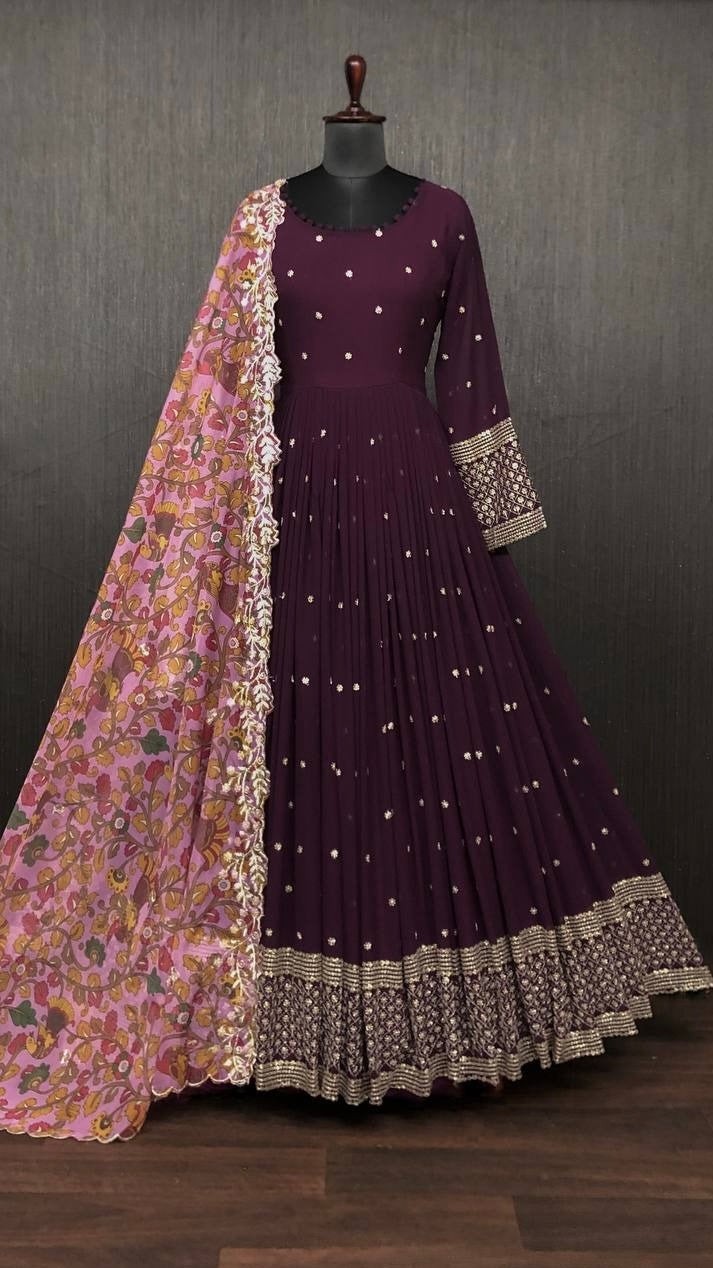 VAM2002-Georgette Zari Sequin Work Gown with Floral Organza Dupatta