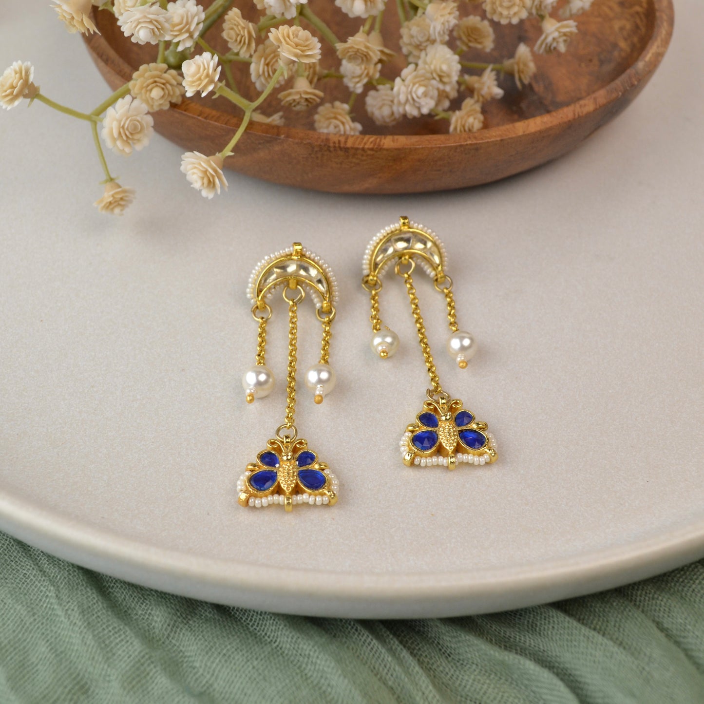 VAKJ009-Butterfly Kundan Dangler Earrings with Pearl