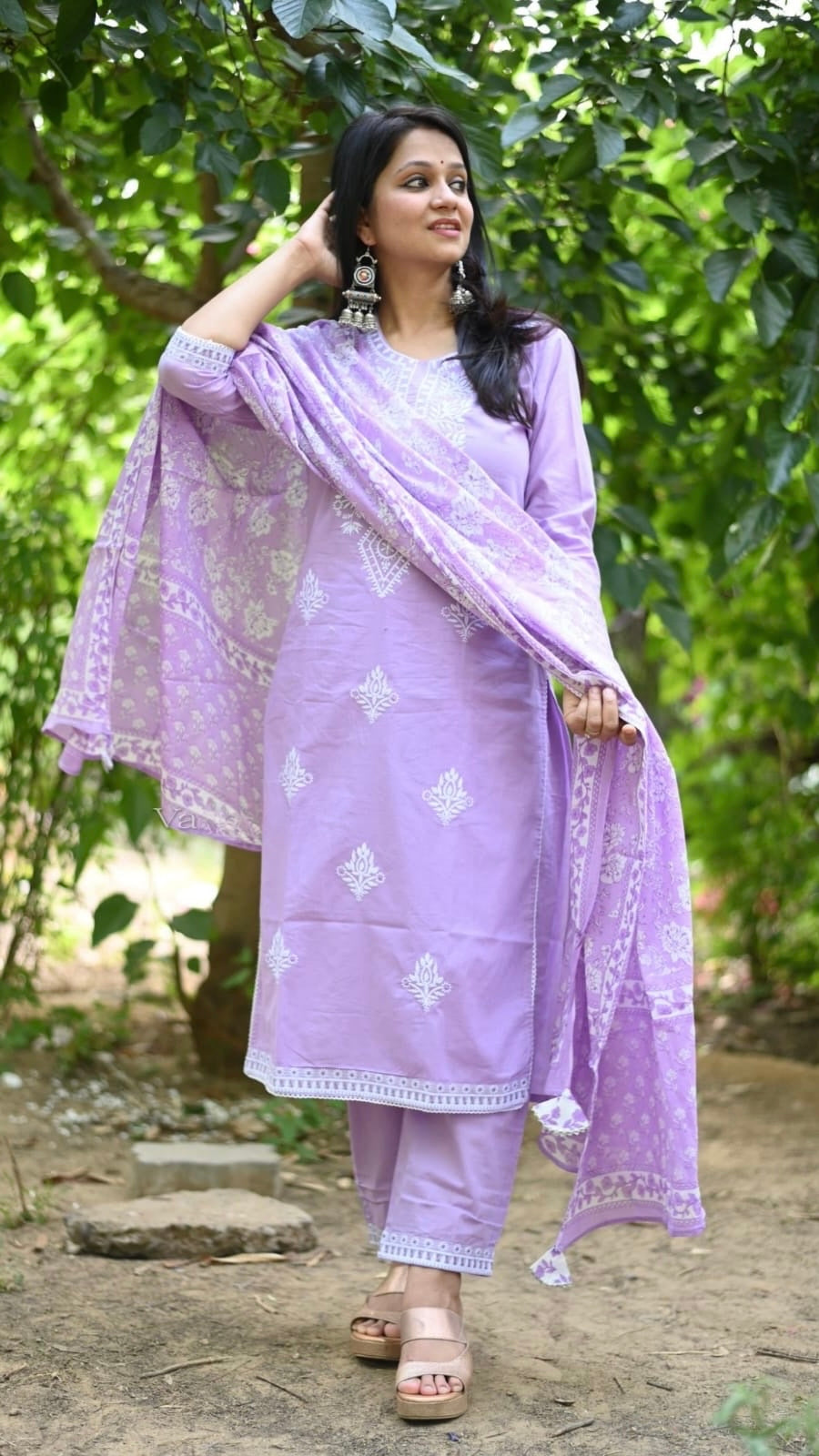 VAM2016-Lilac Cottton Mulmul with Handblock Dupatta