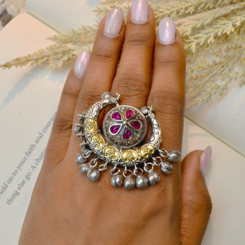 VJR4003-German Silver Oversized Ghungroo Ring