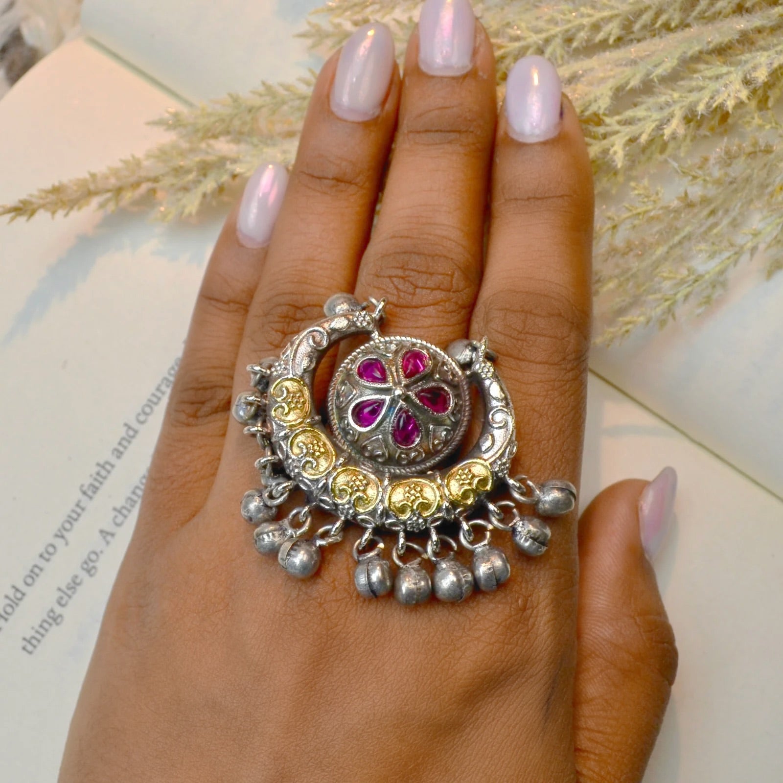 VJR4003-German Silver Oversized Ghungroo Ring