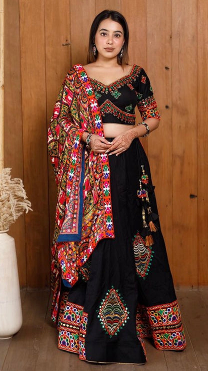 VAC4012-Kutchi and Mirror Work Chaniya Choli with Soft Digital Print Dupatta