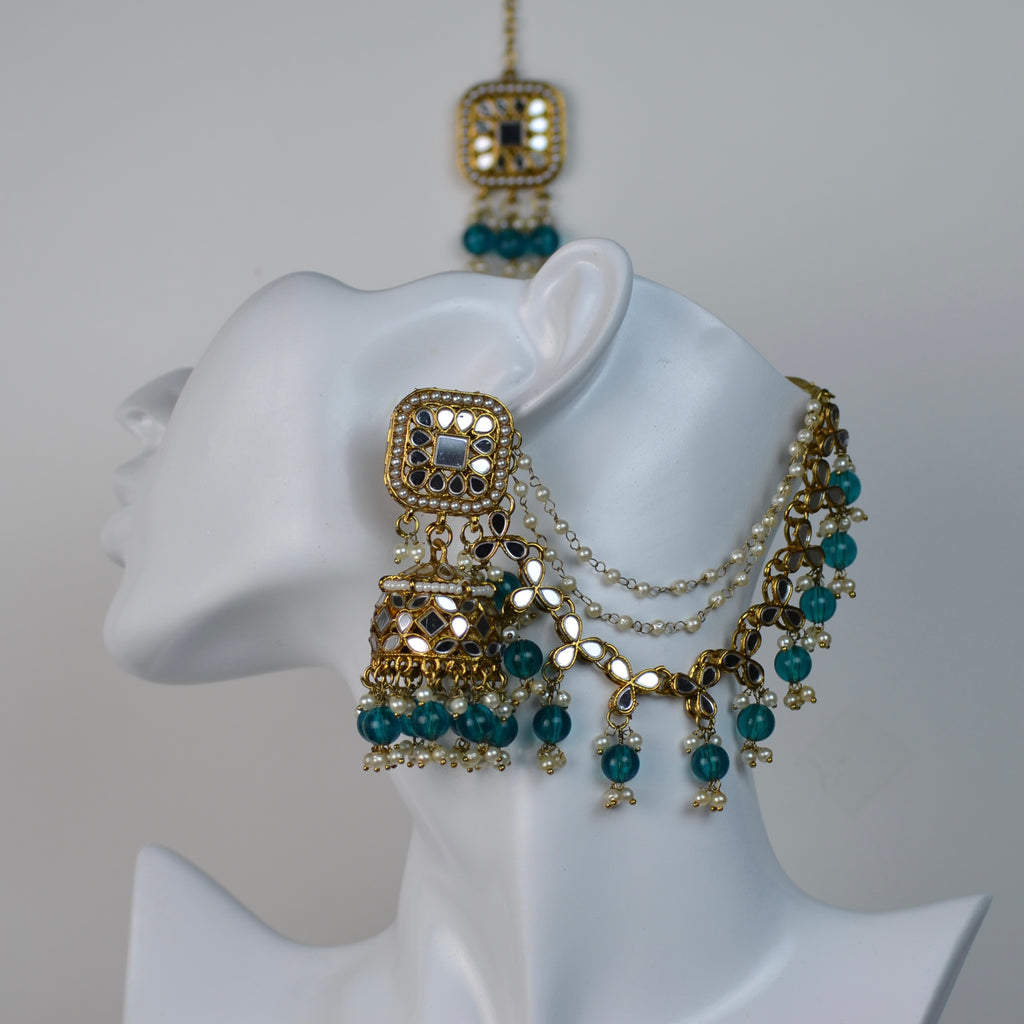VARJ005-Mirror Jhumka and Mangtika set with sahara