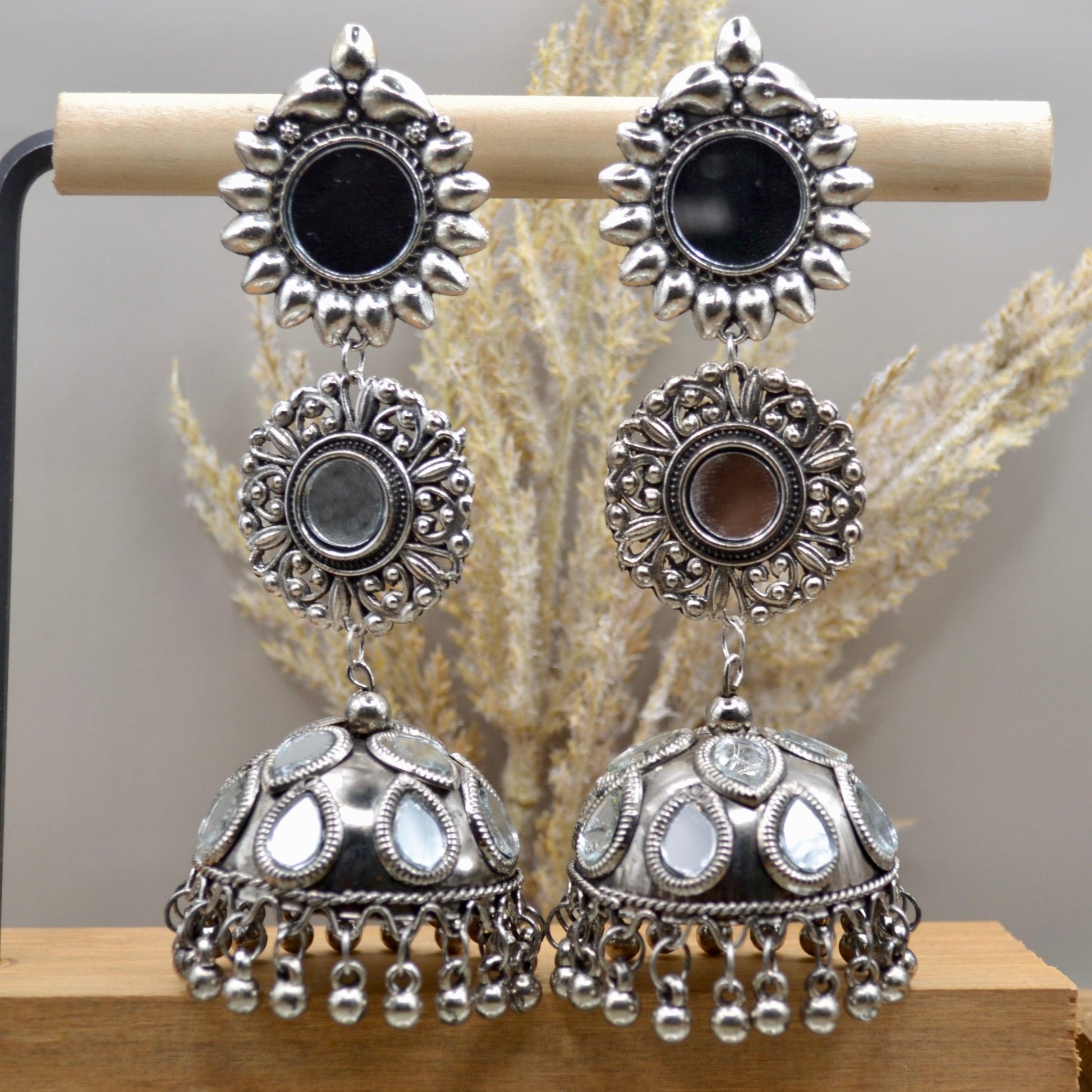 VJ011-Oxidize Mirror Jhumka - Vaanika Designs