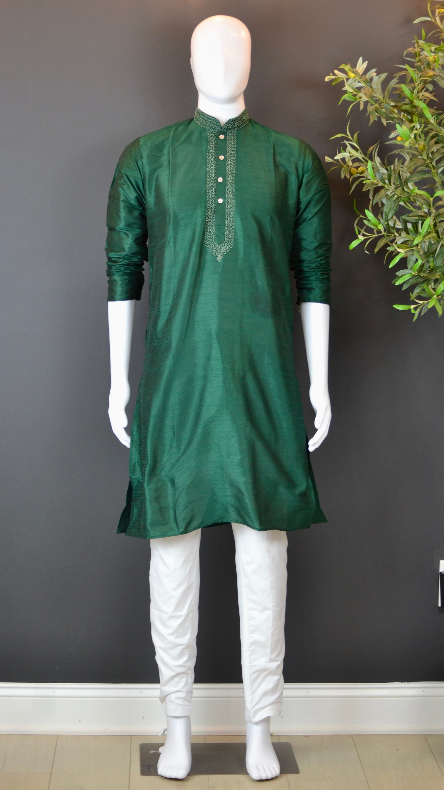 VMK001- Bottle Green Silk Kurta with Churidar Bottom - Vaanika Designs