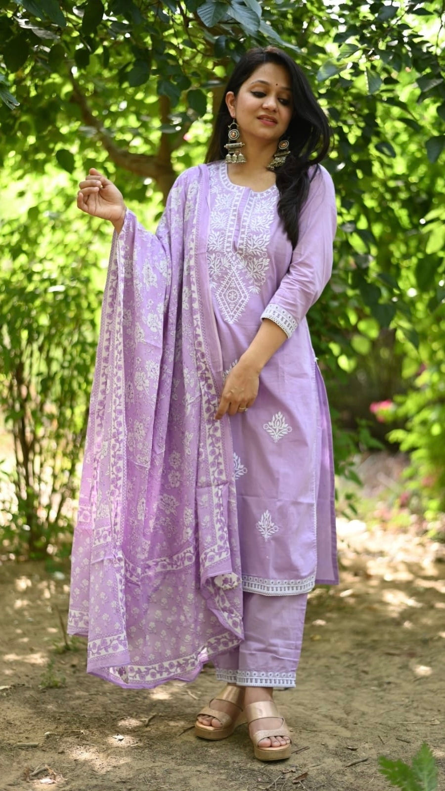 VAM2016-Lilac Cottton Mulmul with Handblock Dupatta