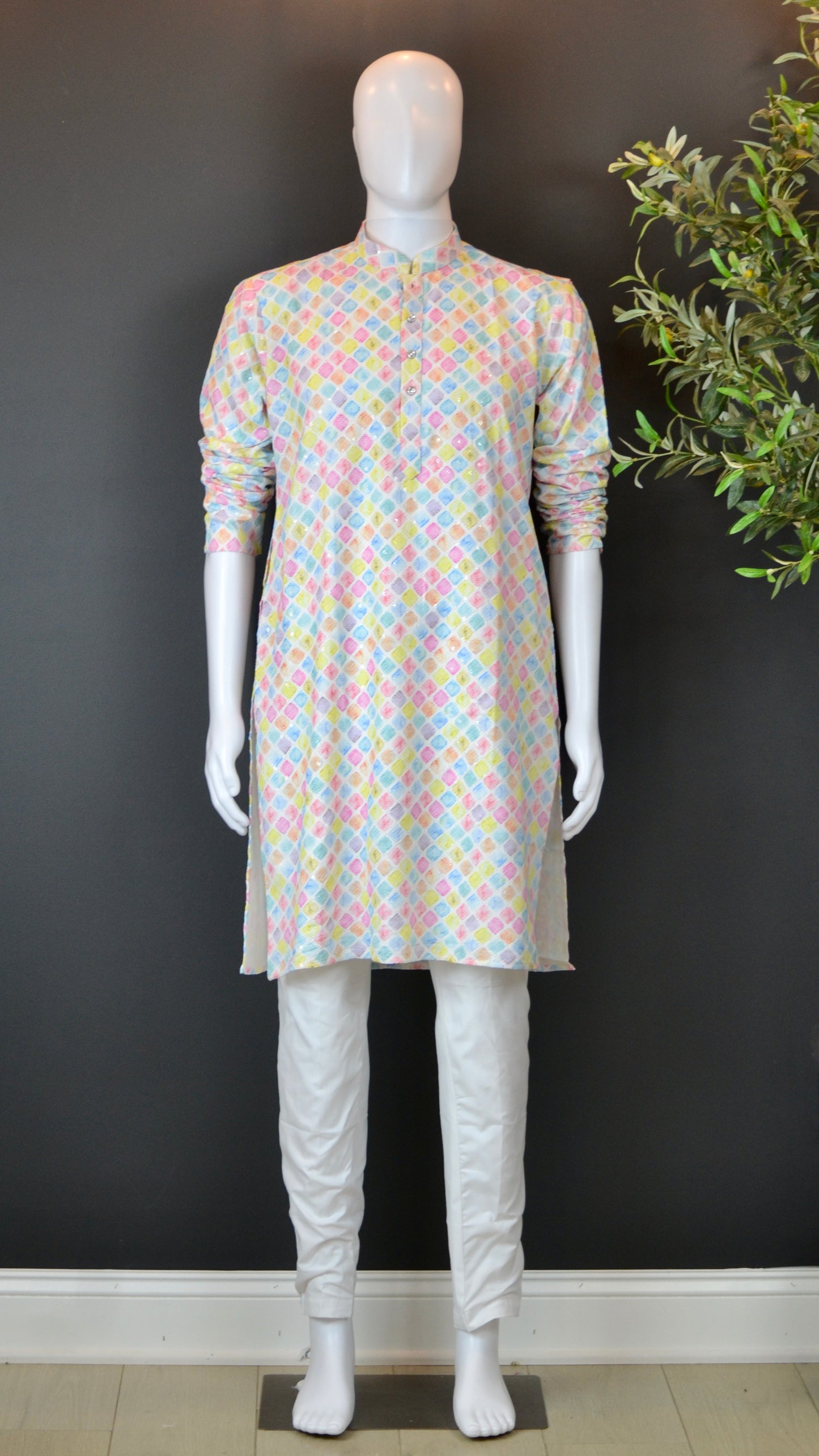 VMK011- Pastel Printed Sequin Lucknowi with Pants - Vaanika Designs