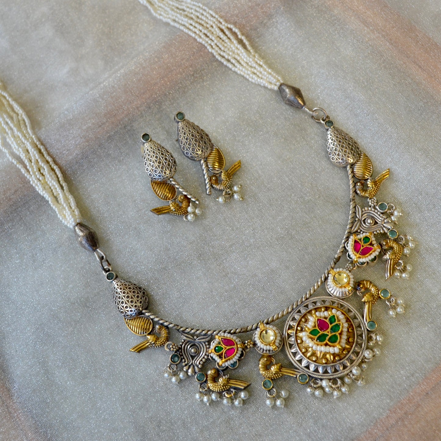 VAP1008-Fusion German Silver and Kundan Long Necklace with Moti Mala