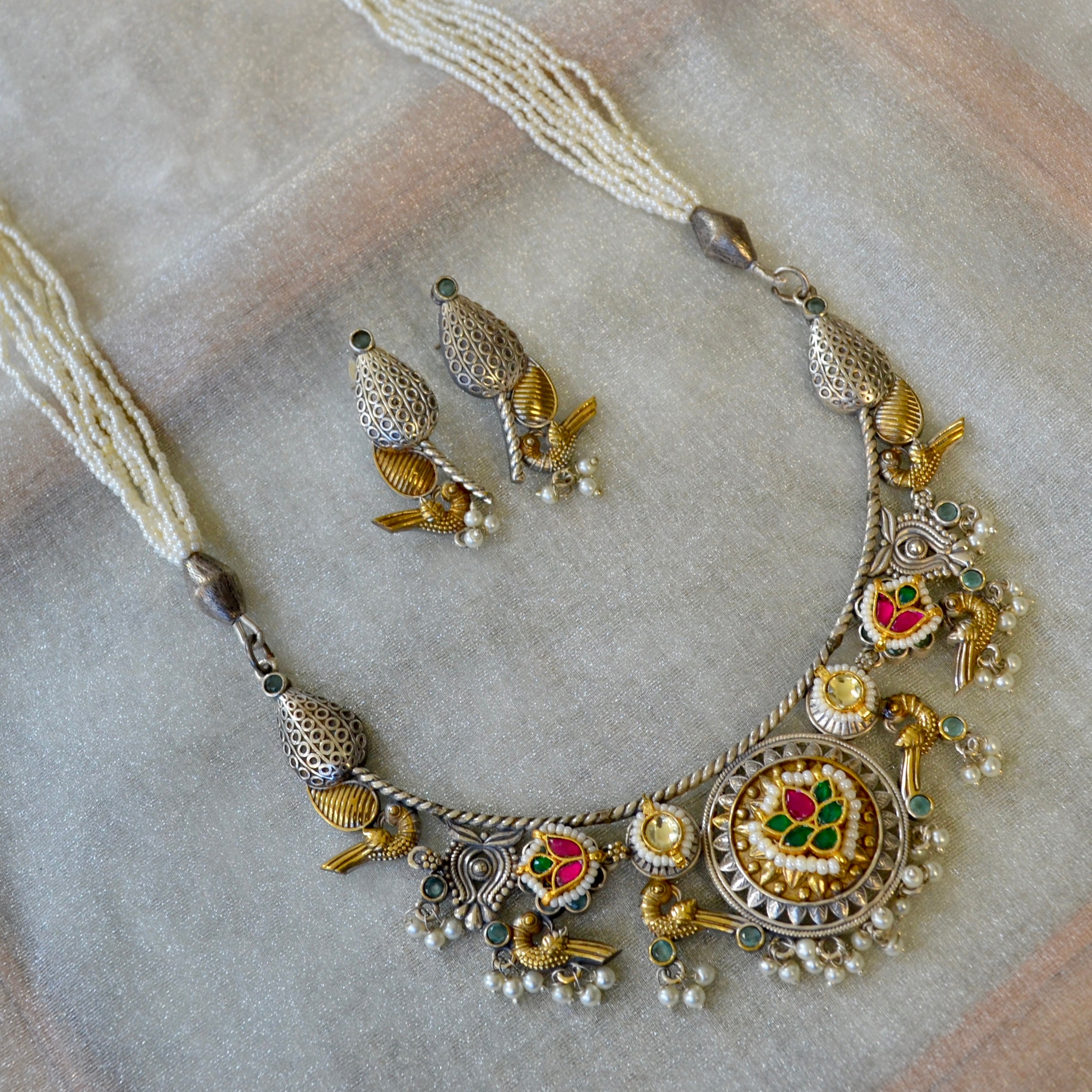 VAP1008-Fusion German Silver and Kundan Long Necklace with Moti Mala
