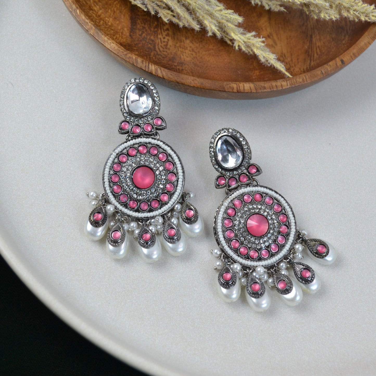 VARJ019-Oxidised Kundan and AD Stone Earring