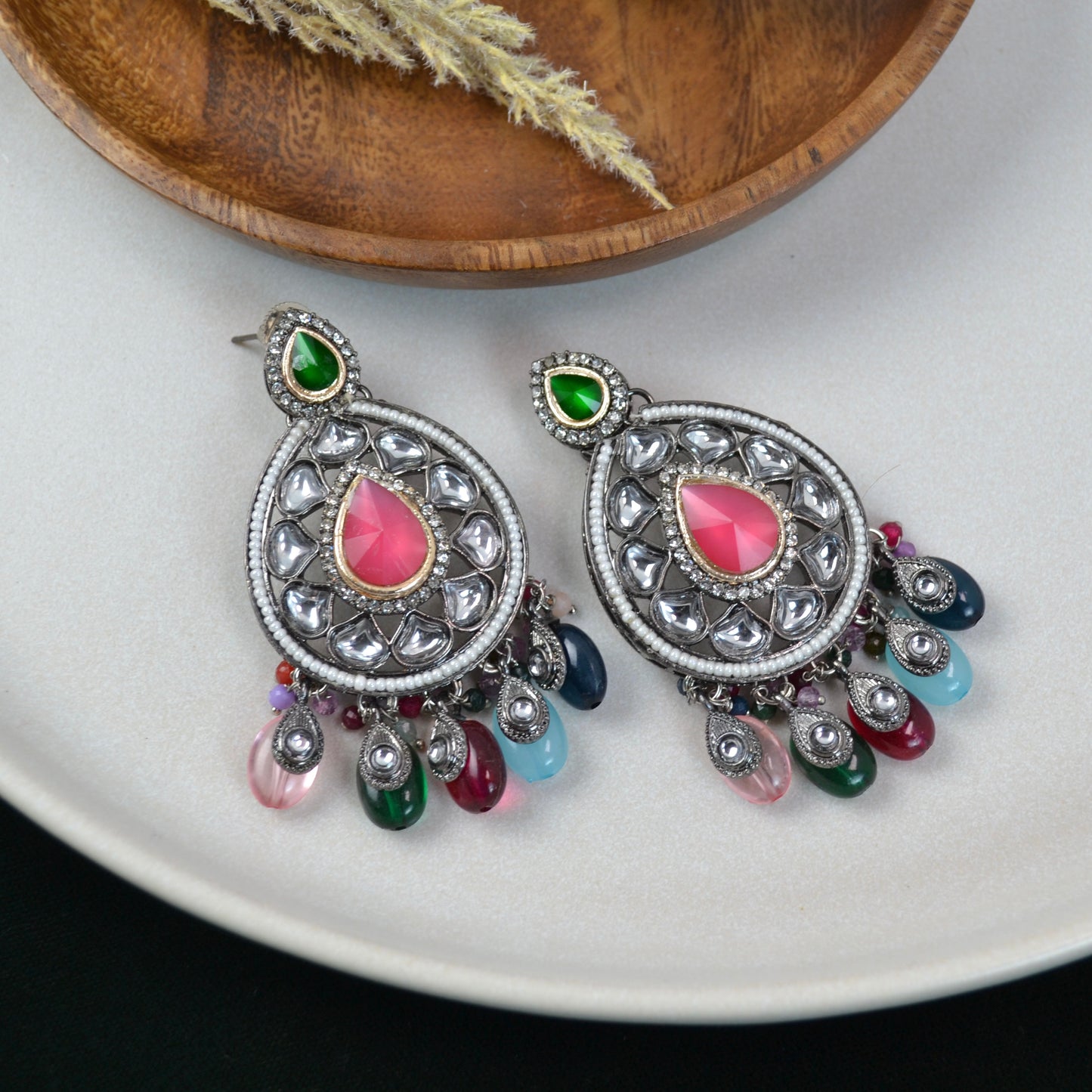 VARJ020-Oxidise Kundan AD Earring