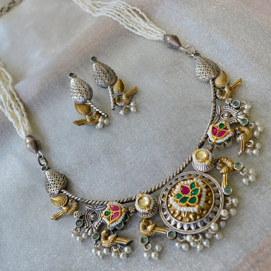 VAP1008-Fusion German Silver and Kundan Long Necklace with Moti Mala