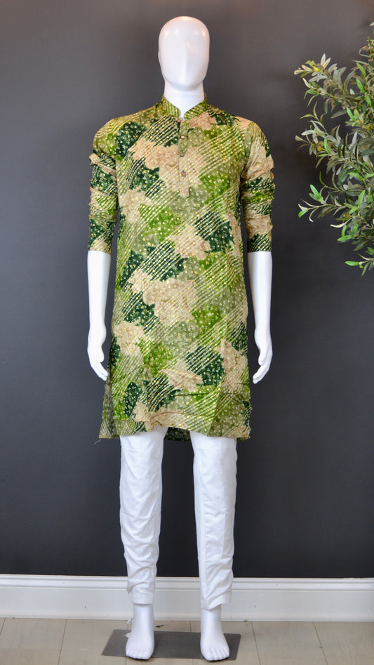 VMK007- Green/Olive Bandhani Print Rayon with Pants - Vaanika Designs