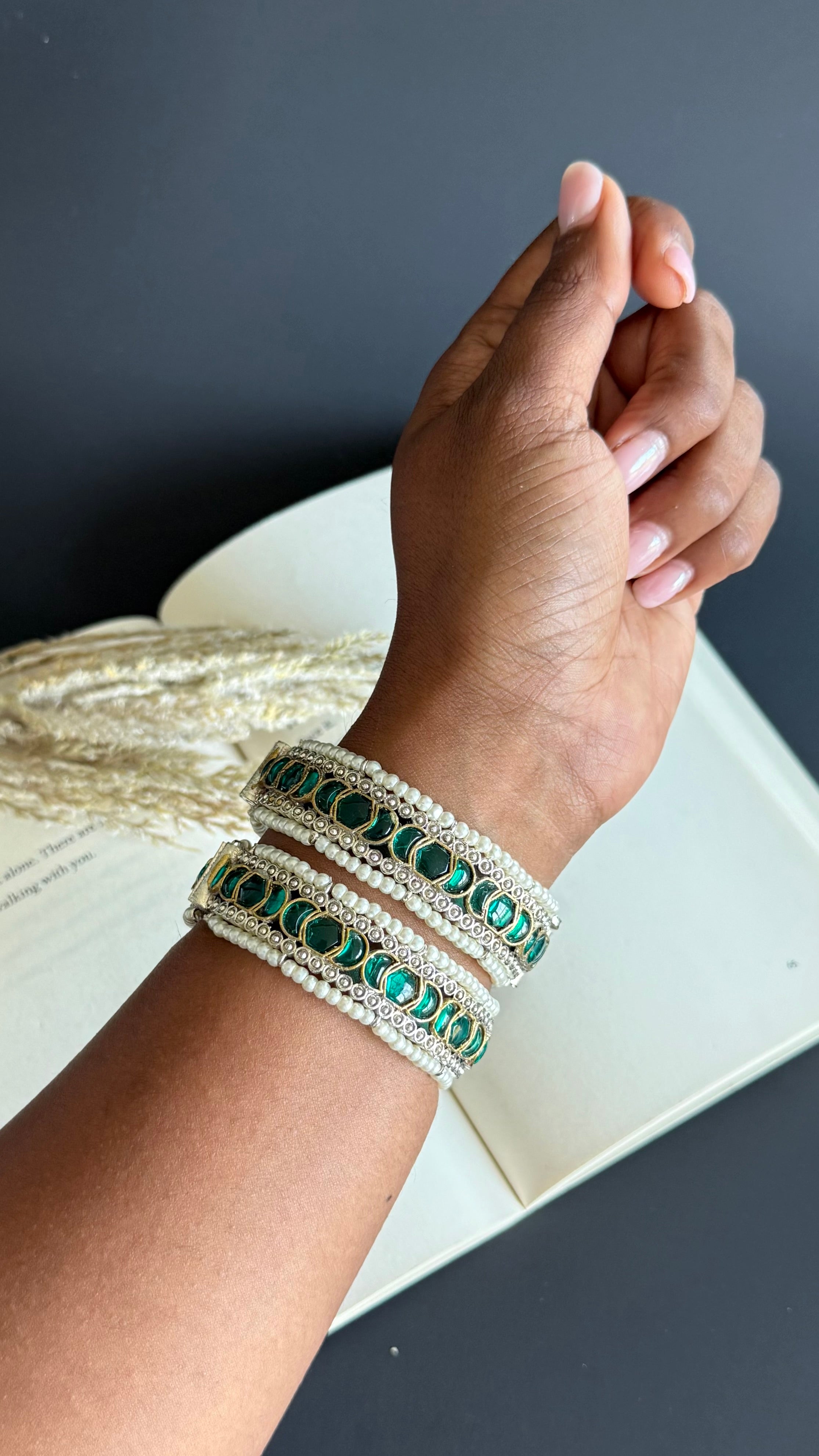 Stone and pearl kada set of 2