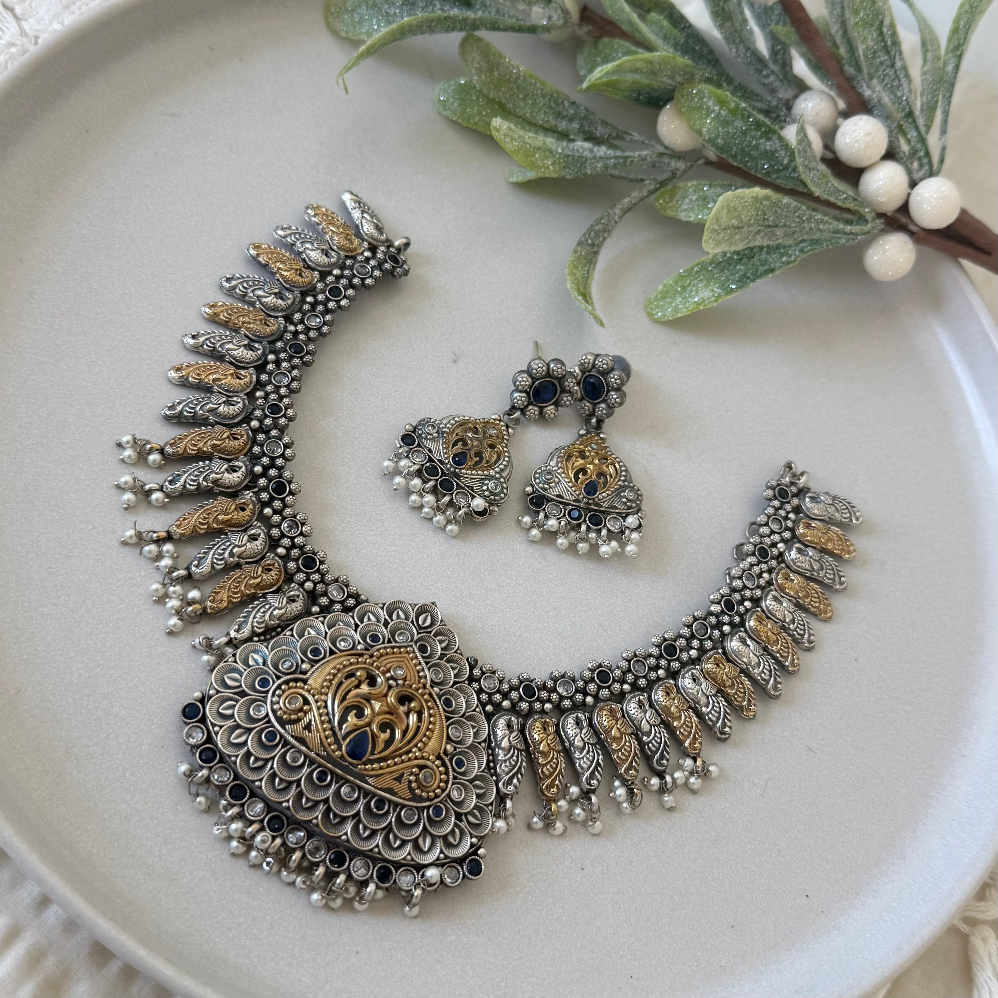 Shree Temple look Silver coated Necklace set
