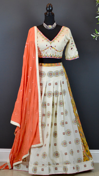 VAC4010-Khadi Cotton Hand Mirror Work Blouse with Kali Lehenga