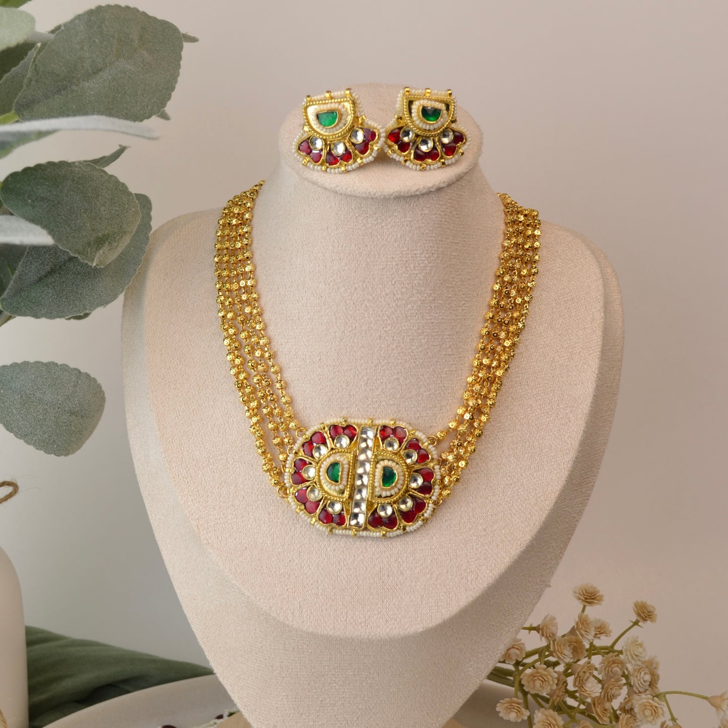 VAKJ017-Gold Lookalike Kundan Necklace set with Studs