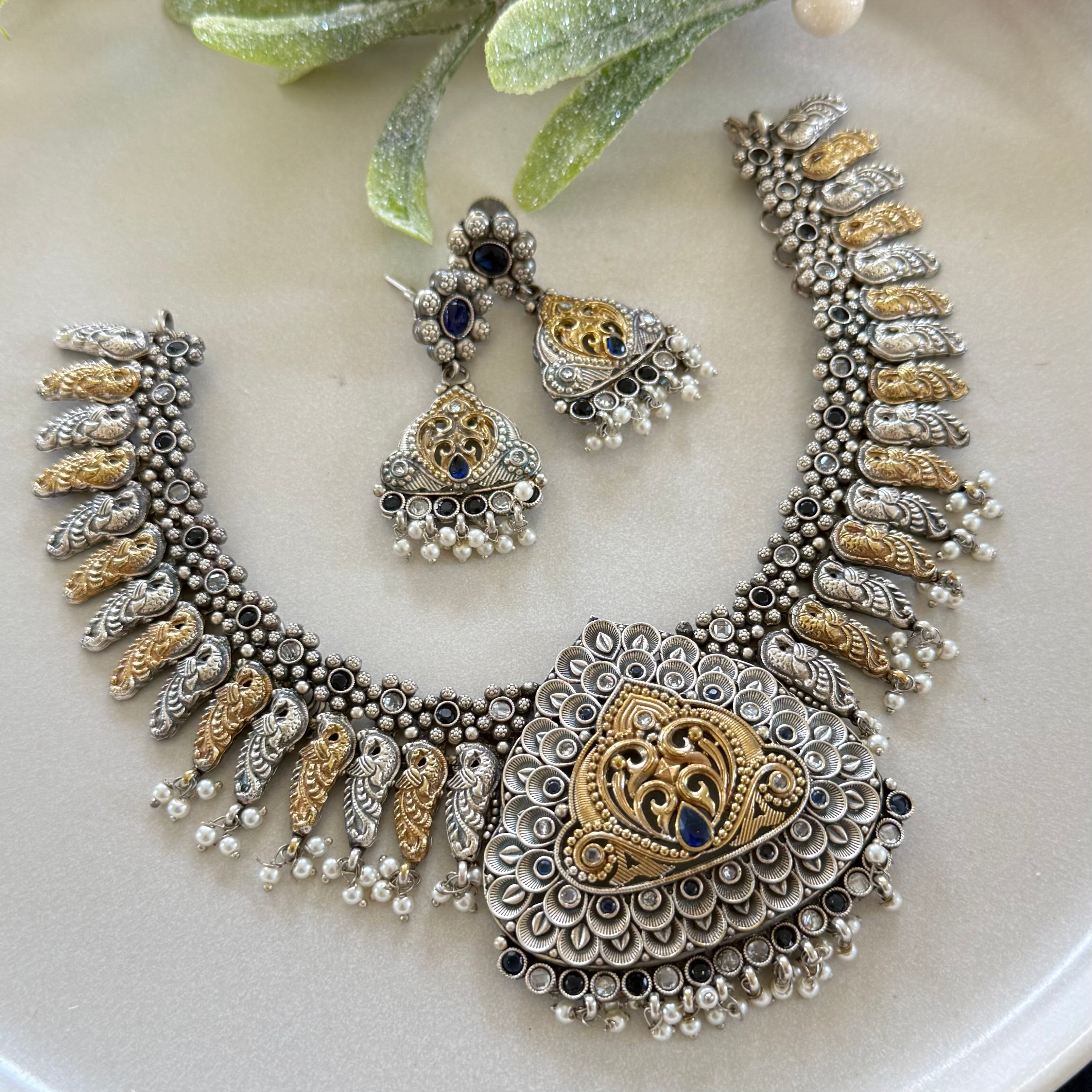 Shree Temple look Silver coated Necklace set