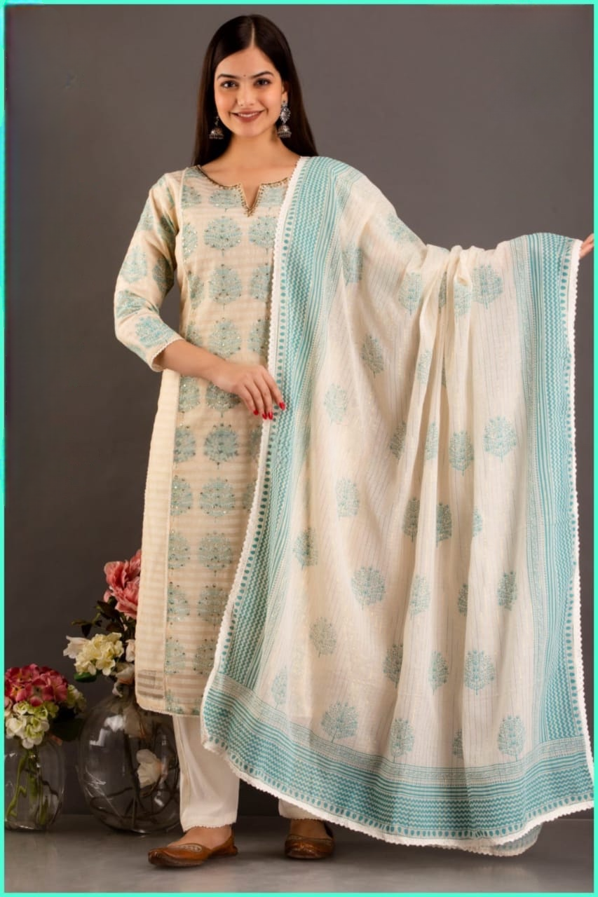 VAM3009-Sea green Printed Salwar Suit with Embroidery