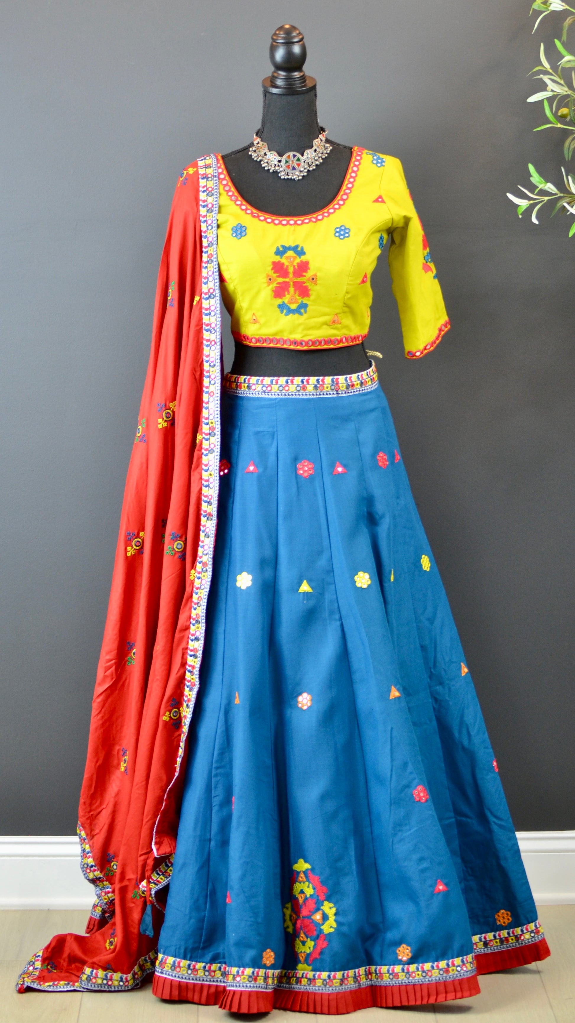 VAC3014-Cotton embroidery Chaniya choli with dupatta with all over work - Vaanika Designs