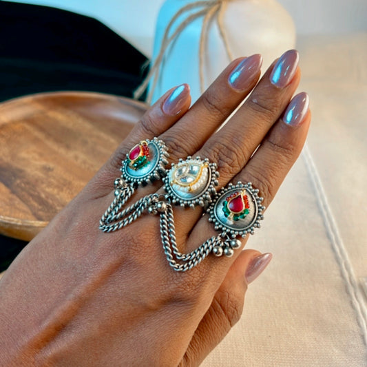 Three finger Kundan Fusion Ring