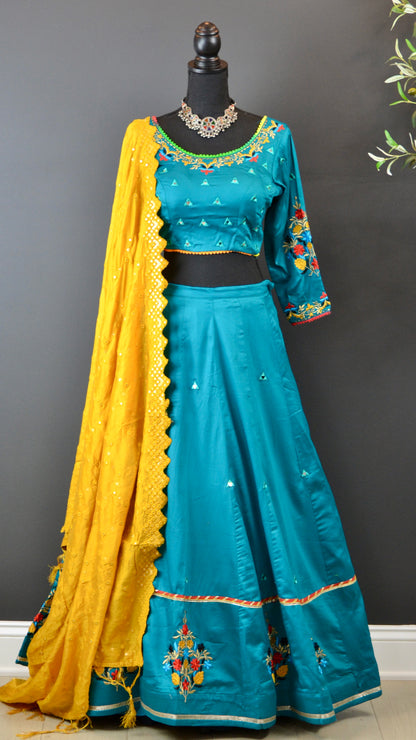 VAC3008-Sea Green Embroidery with soft foil mirror Cut work Dupatta - Vaanika Designs