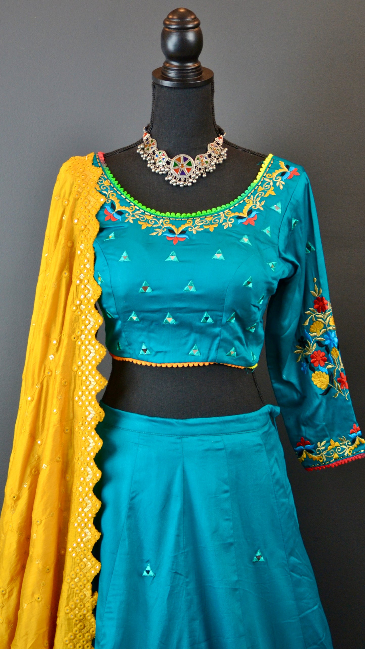 VAC3008-Sea Green Embroidery with soft foil mirror Cut work Dupatta - Vaanika Designs