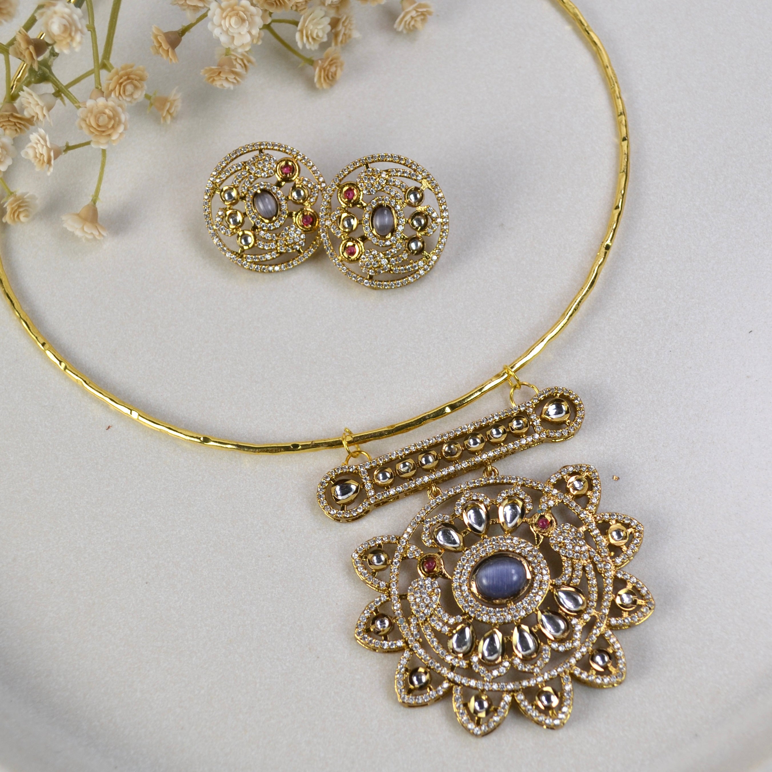 VARJ083-Polki hansli necklace set with Studs