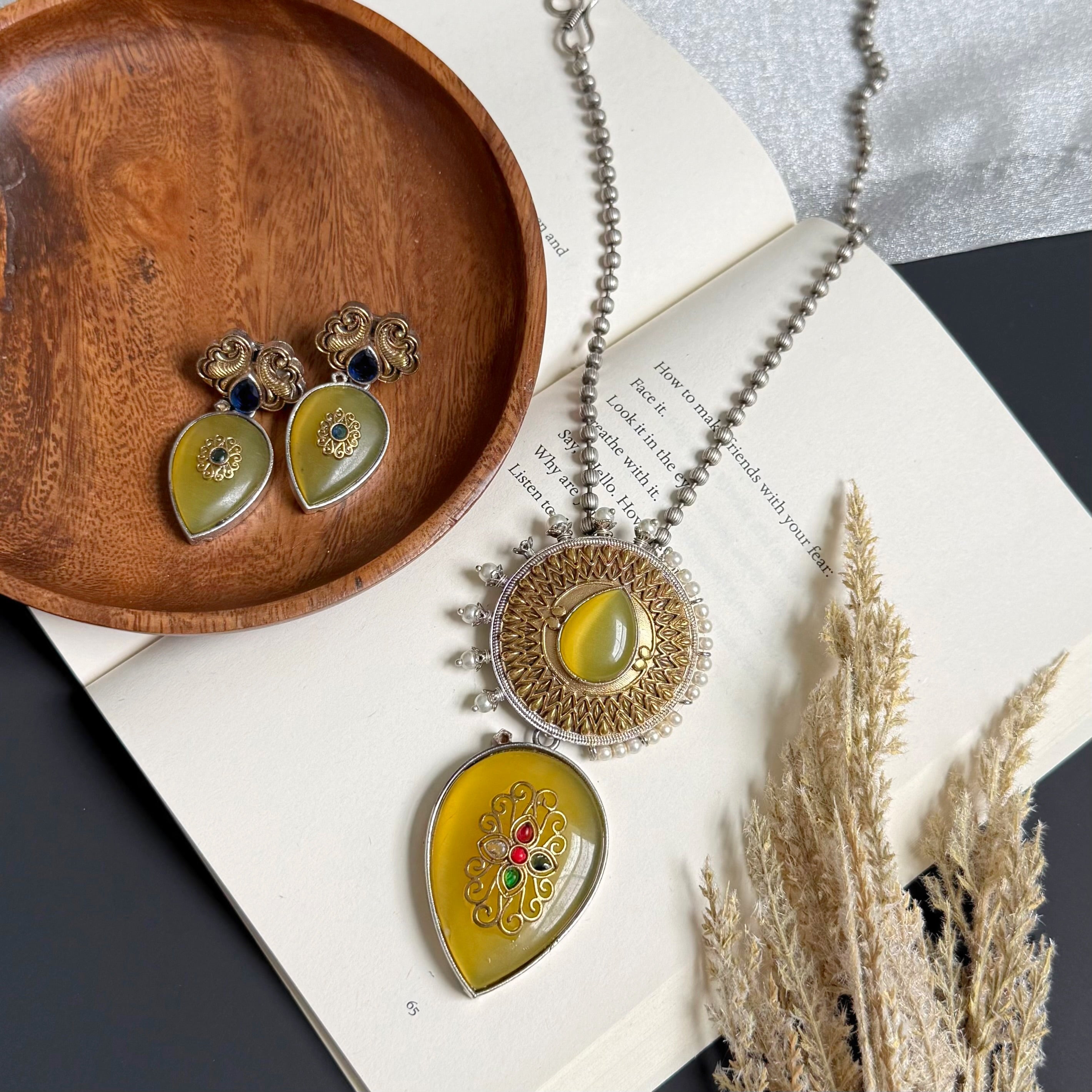 Avika Dual tone Long Necklace with Monalisa stone and Inkari