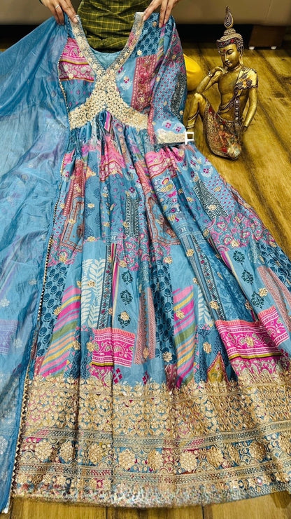 VAM2009-Chinon Silk Digital Print Anarkali with Zari Work