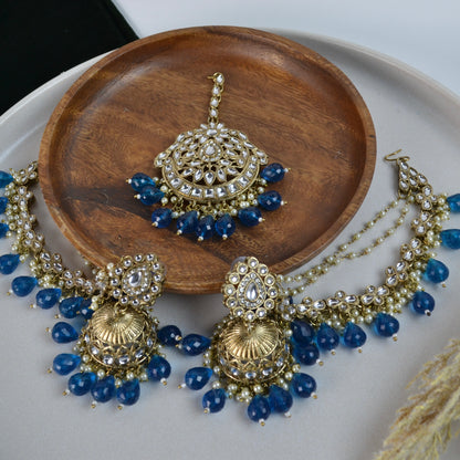 VARJ004-Kundan Jhumka and Maangtika set with Kundan and Pearl Sahara