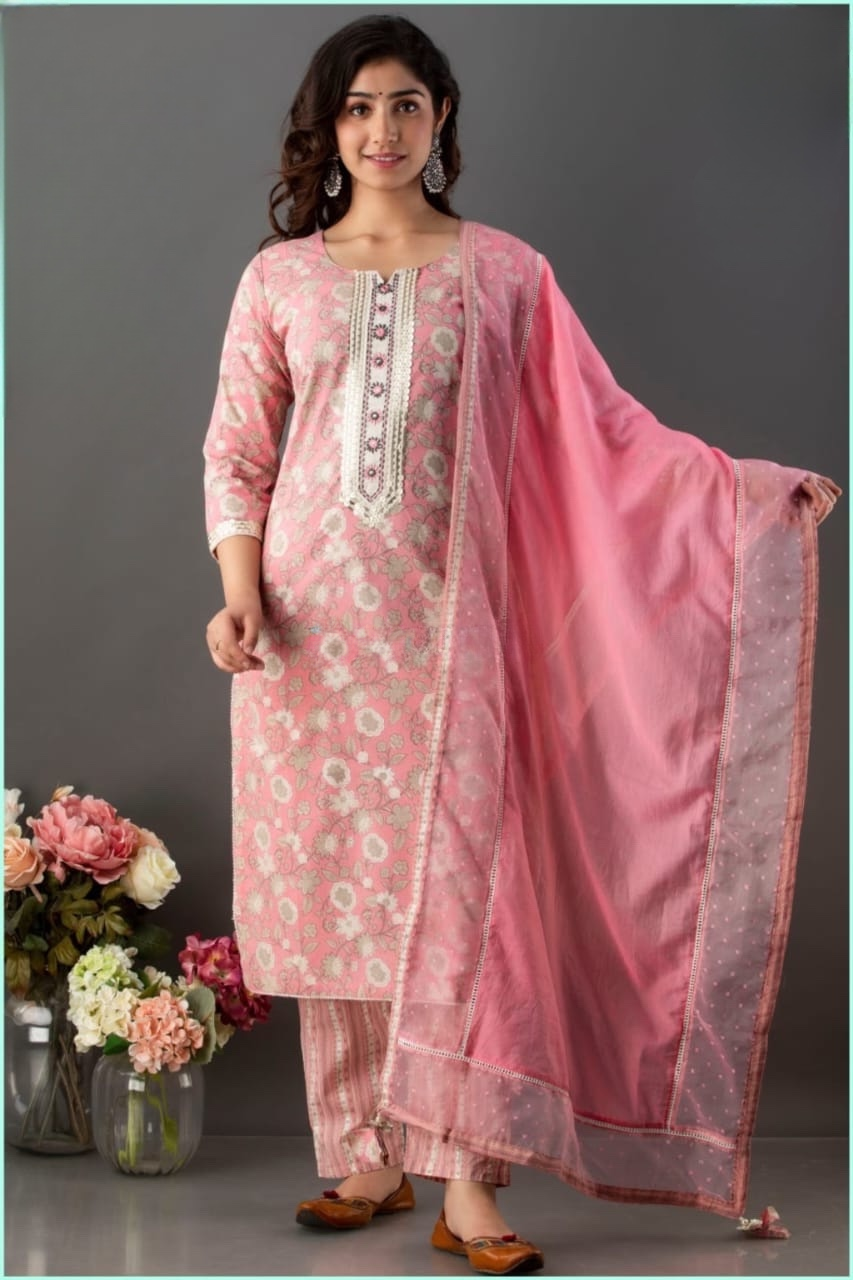 VAM3002-Cotton Salwar Set with Organza Dupatta