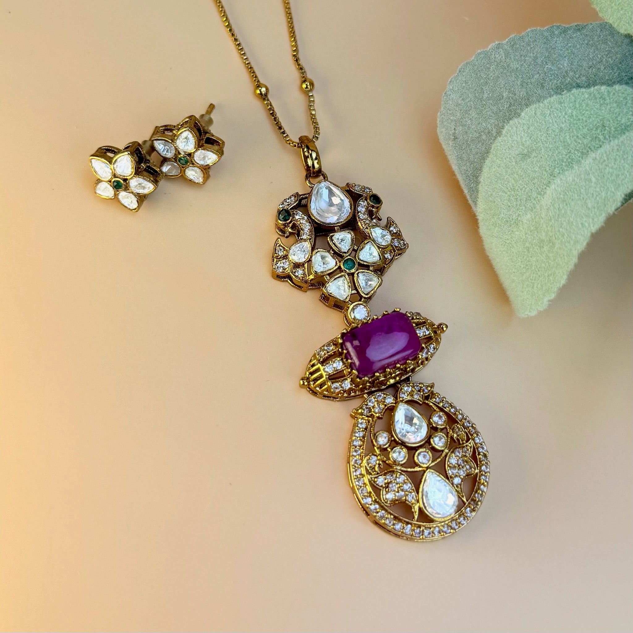 Premium polki doublet stone pendant set with earrings