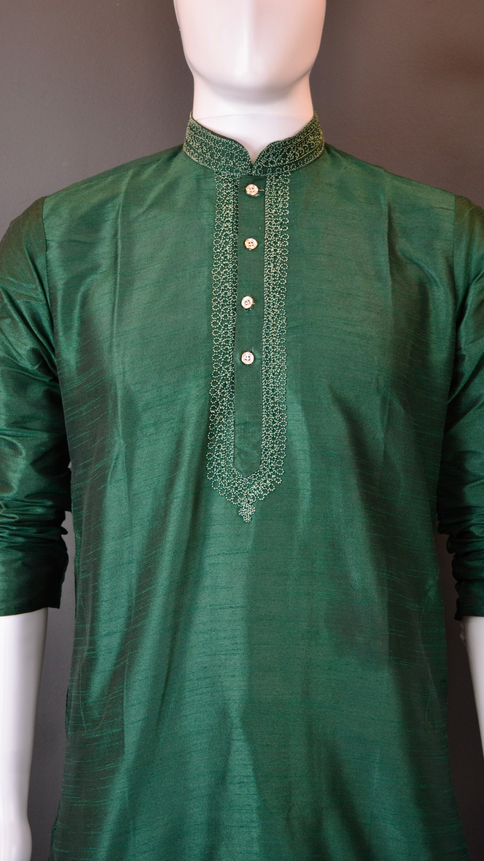 VMK001- Bottle Green Silk Kurta with Churidar Bottom - Vaanika Designs