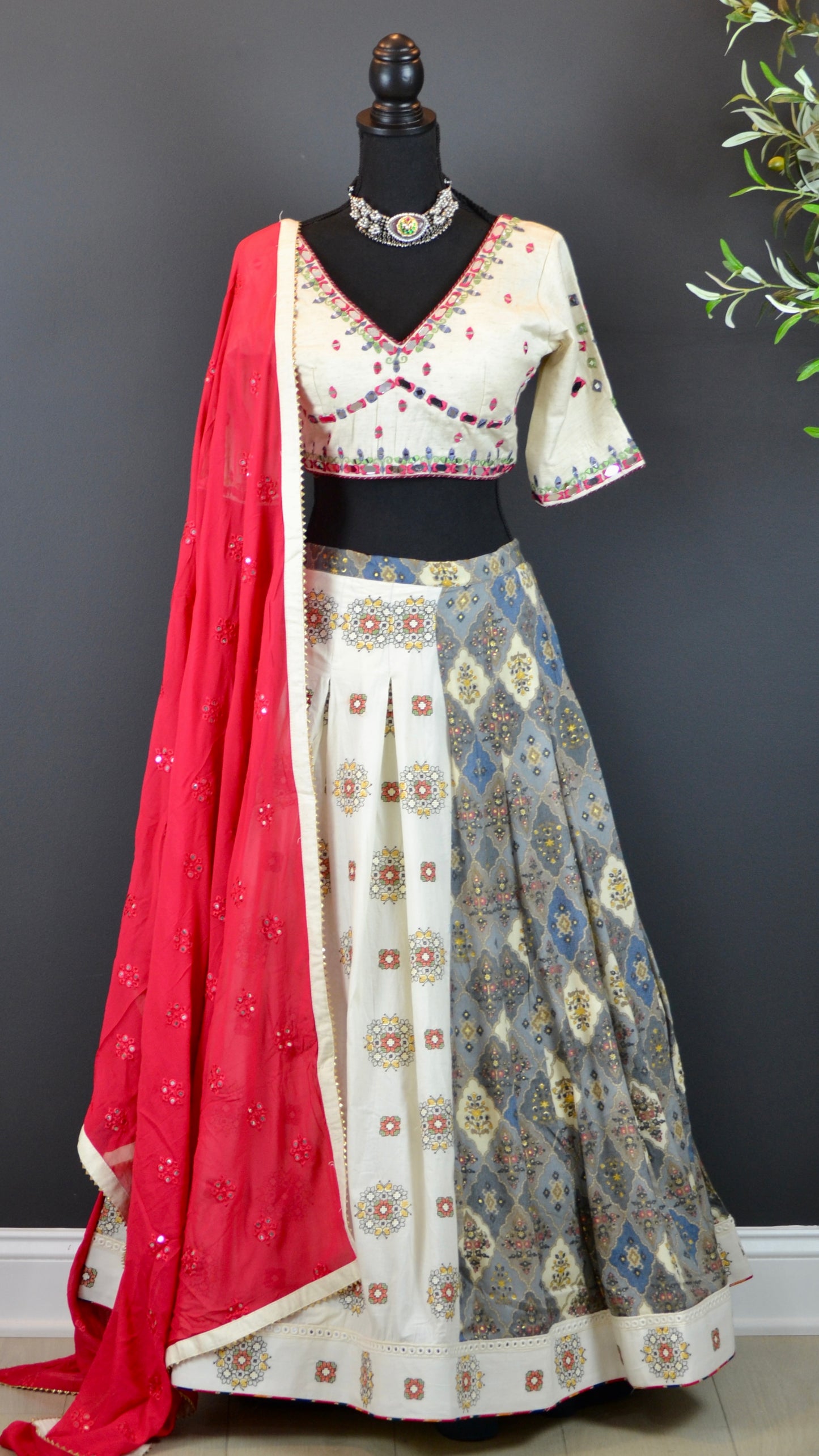 VAC4010-Khadi Cotton Hand Mirror Work Blouse with Kali Lehenga