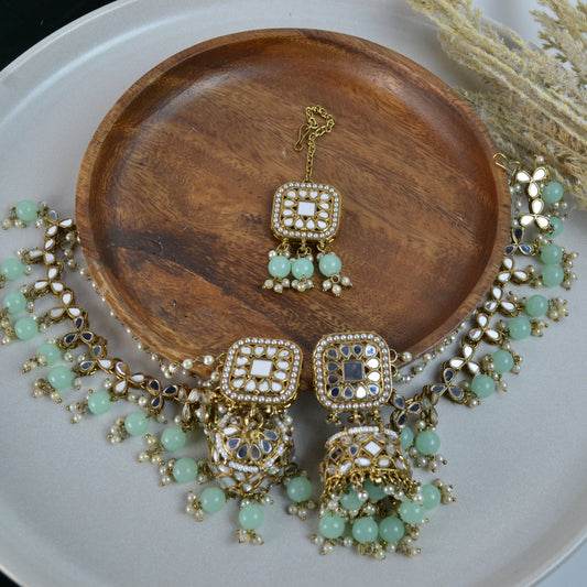 VARJ005-Mirror Jhumka and Mangtika set with sahara