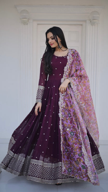 VAM2002-Georgette Zari Sequin Work Gown with Floral Organza Dupatta