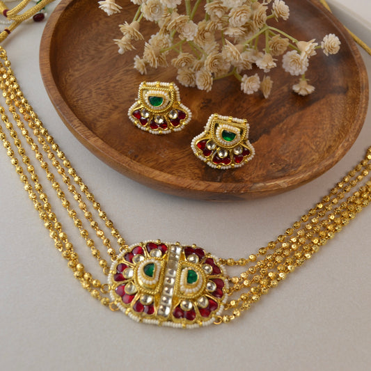 VAKJ017-Gold Lookalike Kundan Necklace set with Studs