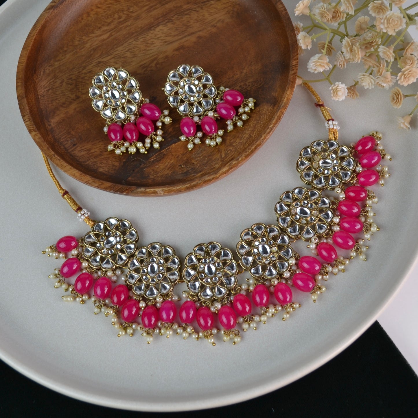 VARJ046-Kundan Polki Necklace with Studs