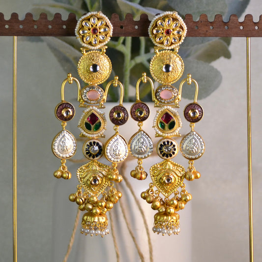 VJS5004-Gold Tribal Long Earrings