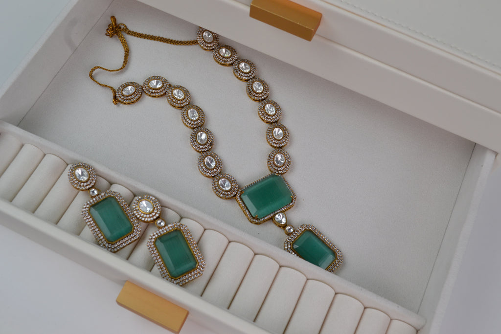 VARJ036-Premium AD Doublet Polki Necklace set with Semi precious stone