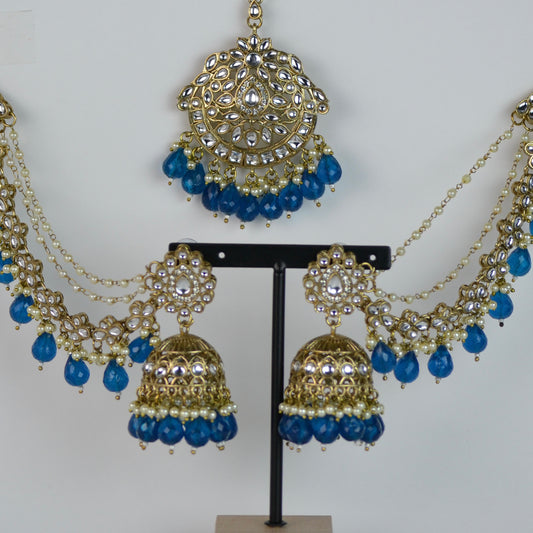 VARJ004-Kundan Jhumka and Maangtika set with Kundan and Pearl Sahara