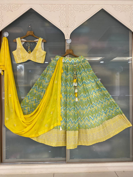 VW1005-Yellow and Green Premium Georgette Lehenga Choli